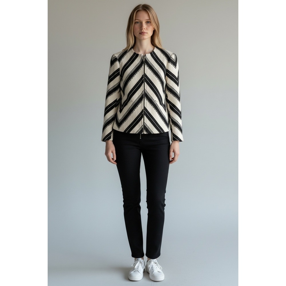 Zara Black & White Chevron Wool Coat Size XS